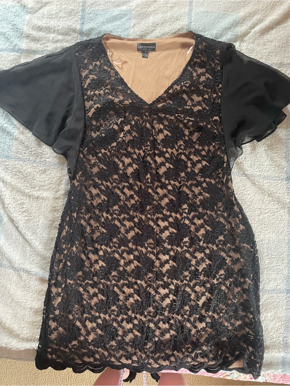 connected apparel Black Lace Overlay Short Sleeve Dress with Nude Lining